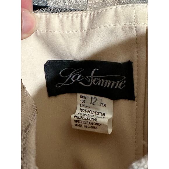 La Femme Floral Embroidered Mesh A-Line Gown Champagne Size 12 NWT 28053 - Picture 12 of 16